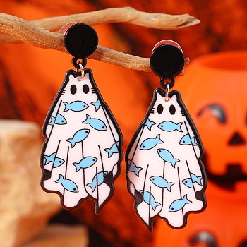 Cute White Ghost Stud Earrings, with Skeleton Head Tombstone Halloween Theme, Blue, 62x27mm