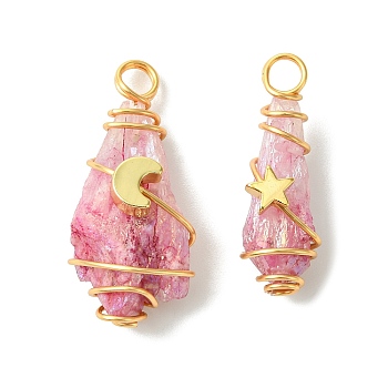 2Pcs Electroplated Natural Quartz Crystal Dyed Copper Wire Wrapped Pendants, Teardrop Charms with Brass Star & Moon, Golden, Pearl Pink, 28~37x9.5~15.5x7.5~16mm, Hole: 3.5~4mm