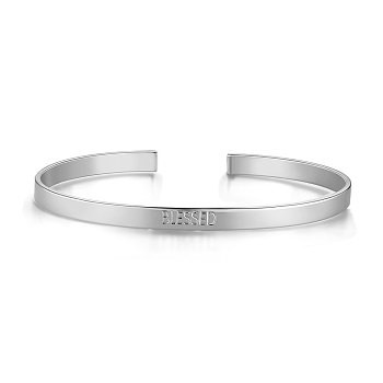SHEGRACE Brass Cuff Bangles, with Word BLESSED, Platinum, 2-1/2 inch(6.55cm)