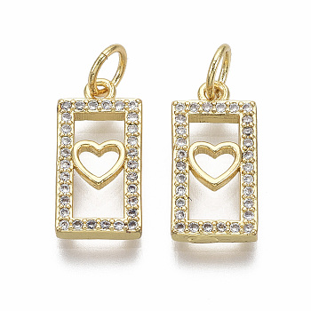 Brass Micro Pave Clear Cubic Zirconia Pendants, with Jump Ring, Nickel Free, Rectangle with Heart, Real 18K Gold Plated, 15x7.5x2mm, Hole: 3mm