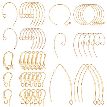 Elite 64Pcs 8 Style Brass Earring Hooks, Ear Wire, Real 18K Gold Plated, 17~43x7.5~16.5x1~3mm, Hole: 1.8~2.2mm, 8Pcs/style