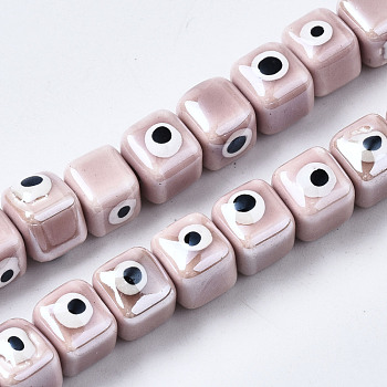 Handmade Porcelain Ceramic Beads Strands, Bright Glazed Porcelain, Cube with Evil Eye, Rosy Brown, 9.5x8.5x8.5mm, Hole: 1.5mm, about 40pcs/strand, 12.99 inch(33cm)