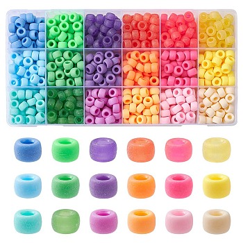 810Pcs 18 Style Opaque & Transparent Plastic Beads, Frosted, Barrel, Mixed Color, 9x6mm, Hole: 3.8mm, about 45pcs/style