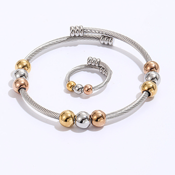 Stainless Steel Twisted Cuff Bangle & Finger Ring Sets, with Bead, for Women, Real 18K Gold Plated & Stainless Steel Color, Inner Diameter: 18~60mm