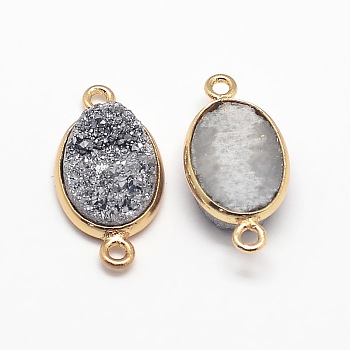 Electroplate Natural Druzy Crystal Links connectors, with Golden Tone Brass Findings, Oval, Dyed, Silver, 23x12x4~8mm, Hole: 2mm