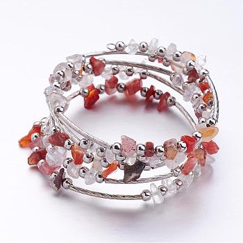 Five Loops Wrap Carnelian(Dyed) Beads Bracelets, with Crystal Chips Beads and Iron Spacer Beads, Red, 2 inch(52mm)