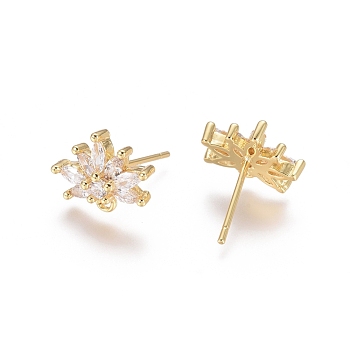 Brass Cubic Zirconia Stud Earring Findings, with Loop, Flower, Clear, Golden, 15mm, Pin: 0.7mm