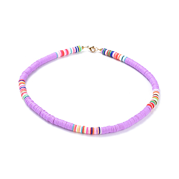 Handmade Polymer Clay Heishi Beaded Necklaces, with Brass Spacer Beads and 304 Stainless Steel Findings, Purple, 15.9~16.1 inch(40.5~41cm)