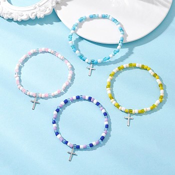 Adjustable Glass Beaded Charm Bracelets, with 201 Stainless Steel Cross Charm, Mixed Color, Inner Diameter: 2.20~2.34 inch(5.6~5.95cm)