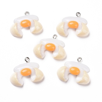 Opaque Resin Pendants, with Platinum Tone Iron Loops, Broken Egg Shape, White, 21x27x7.5mm, Hole: 2mm