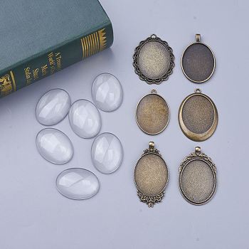DIY Pendant Making, Tibetan Style Alloy Pendant Cabochon Settings and Transparent Clear Glass Cabochons, Antique Bronze, 52x33x6mm, Hole: 4mm