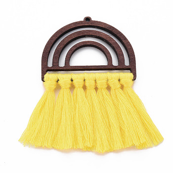 Polycotton(Polyester Cotton) Tassel Big Pendants, Unfinished Wood Semi Circle Earrings, for DIY Macrame Earrings, Yellow, 76x50x5mm, Hole: 2mm