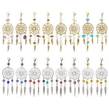 16Pcs 2 Style Woven Web/Net with Feather Alloy Pendant Decoration, Handmade Evil Eye Lampwork Beads & Gemstone Chip Beaded, with Lobster Claw Clasps, Mixed Color, 93mm, 8pcs/style