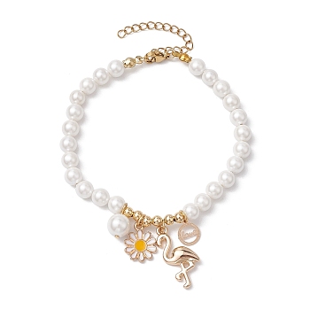 Spring Daisy Flower & Crane Charm Bracelets, 6mm Round Shell Pearl Beaded Bracelets for Women, Golden, White, 9-7/8 inch(25cm)