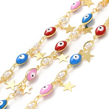 Colorful Enamel Evil Eyes & Imitation Pearl Beaded Horse Eye Link Chains, with Brass Star Charms, Soldered, with Spool, Real 18K Gold Plated, 7x4x3mm, 13x5x4mm
