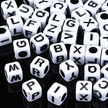 Opaque Acrylic Beads, Cube with Alphabet, Random Mixed Letters, 6x6x6mm, Hole: 3mm, about 2995pcs/500g