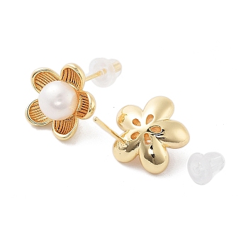 Natural Pearl Ear Studs, with Brass Findings and 925 Sterling Silver Pins, Flower, Real 14K Gold Plated, 12x13mm