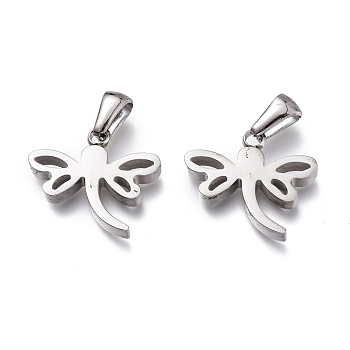 304 Stainless Steel Pendants, Manual Polishing, Dragonfly, Stainless Steel Color, 16x18.5x3mm, Hole: 6x2.5mm