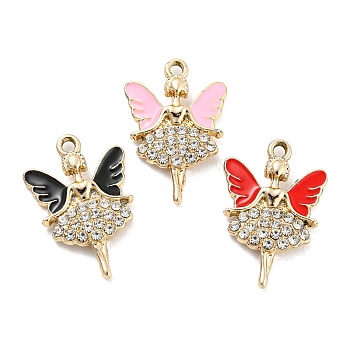 UV Plating Golden Alloy Enamel Pendants, with Rhinestone, Girl with Wings Charms, Mixed Color, 25.5x17x3mm, Hole: 1.8mm