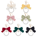7Pcs 7 Colors Alloy Polyester Keychains, with ABS Imitation Pearl Beads, Bowknot, Light Gold, Mixed Color, 155mm, 1pc/color(KEYC-GO0001-15)