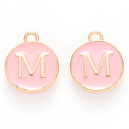 Golden Plated Alloy Enamel Charms, Cadmium Free & Lead Free, Enamelled Sequins, Flat Round with Letter, Pink, Letter.M, 14x12x2mm, Hole: 1.5mm(X-ENAM-S118-07M)