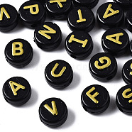 Opaque Black Acrylic Beads, Flat Round with Random Letters, Yellow, 9.5x6mm, Hole: 2mm(X-MACR-Q242-009A)