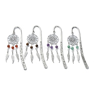 4Pcs 4 Style Natural Gemstone Beaded Bookmarks, Woven Net/Web with Feather Alloy Pendant Bookmark, Flower Pattern Hook Bookmark, Antique Silver, 118x22x2mm, 1pc/style(AJEW-TA00016)