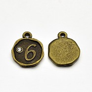 Antique Bronze Plated Alloy Rhinestone Charms, Flat Round with Num.6, Nickel Free, 13x10x1.5mm, Hole: 1mm(ALRI-J153-06-NF)