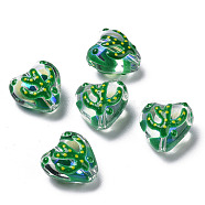 Handmade Lampwork Enamel Beads Strands, Heart with Cactus, Green, 13.5x14x8~9mm, Hole: 1.2mm, about 30pcs/strand(LAMP-A001-E01)