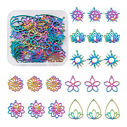 28Pcs 7 Style 304 Stainless Steel Connector Charms & Pendants, Teardrop with Flower & Flower & Sun & Lotus & Sun with Star, Rainbow Color, 22~28x25~35x1.5mm, Hole: 1.2~1.5mm, 4pcs/style(STAS-BY0001-12)