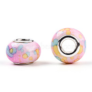 Opaque Resin European Beads, Imitation Crystal, Two-Tone Large Hole Beads, with Silver Tone Brass Double Cores, Rondelle, Pearl Pink, 14x9.5mm, Hole: 5mm(RPDL-T003-09B)