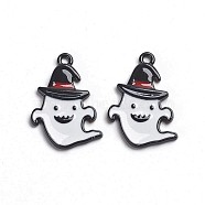 Gunmetal Plated Alloy Enamel Pendants, for Halloween, Ghost with Witch Hat, White, 25x17x2mm, Hole: 1mm(X-ENAM-D040-D02-B)
