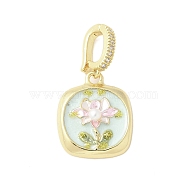 Brass Enamel Pendants, with Natural Freshwater Pearls and Brass Micro Pave Cubic Zirconia Clasp, Square with Flower Charm, Light Cyan, 21x18x5mm, Hole: 8x5mm(KK-F886-01G-05)