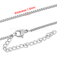 316 Surgical Stainless Steel Venetian Chain Necklaces, with Lobster Claw Clasp and Extend Chains, Unwelded, Stainless Steel Color, 17.7 inch(45cm), 1.5mm(NJEW-M176-05-B)
