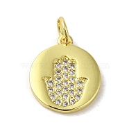 Brass Micro Pave Cubic Zirconia Pendants, Real 18K Gold Plated, Hamsa Hand Charms, Clear, 15x13x1.5mm, Hole: 3mm(KK-M283-13E-01)