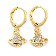 Planet Shape Rack Plating Brass Micro Pave Cubic Zirconia Dangle Leverback Earrings, Long-Lasting Plated, Cadmium Free & Lead Free, Real 18K Gold Plated, 23.5x10.5mm(EJEW-P240-06G)