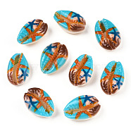 Printed Cowrie Shell Beads, No Hole/Undrilled, Starfish/Sea Stars Pattern, Colorful, 17.5~21.5x12~14.5x5.5~7.5mm(X-SSHEL-T013-01C)