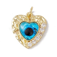 Brass Micro Pave Clear Cubic Zirconia Pendants, with Resin and Jump Rings, Lead Free & Cadmium Free, Heart with Eye, Real 18K Gold Plated, Deep Sky Blue, 20.5x19x4.5mm, Hole: 4mm(KK-I692-02G-01)
