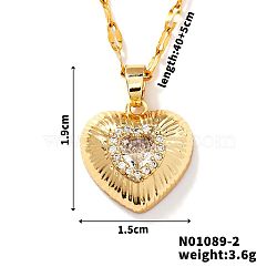 Brass Luxury Cubic Zirconia Heart Pendant Necklaces, Golden, Clear, 15.75 inch(40cm)(UV5875-1)