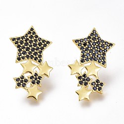 Brass Micro Pave Black Cubic Zirconia Star Stud Earrings, with Plastic Ear Nuts, Long-Lasting Plated, Golden, 30x16.5mm, Pin: 0.8mm(ZIRC-I049-24G-02)
