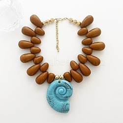 Ocean Plastic Shell Shape Pendant Teardrop Beaded Necklaces for Women, Golden, Saddle Brown, 14.57 inch(37cm)(FS-WG4B22D-01)