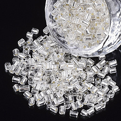6/0 Glass Bugle Beads, Silver Lined, Silver, 3.5~5x3.5~4mm, Hole: 1mm, about 4500pcs/bag(SEED-S032-04B-01)