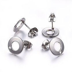304 Stainless Steel Stud Earring Findings, with Loop & Earring Backs, Flat Round, Stainless Steel Color, 10x1mm, Hole: 1.5mm, Pin: 0.8mm(STAS-H472-01P)