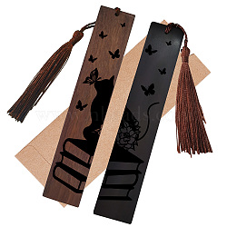 CRASPIRE 1 Set Rosewood & African Blackwood Bookmarks Set, Rectangle Laser Engraving, 1Pc Polyester Tassel Big Pendants Decorations and 1Pc Paper Bags, Cat Shape, Bookmarks: 148x28mm, 2pcs/set(AJEW-CP0008-22A)