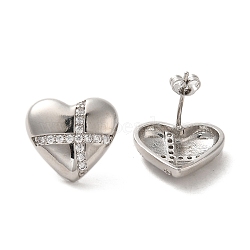 Brass Micro Pave Cubic Zirconia Stud Earrings, Heart with Cross, Lead Free & Cadmium Free, Long-Lasting Plated, Platinum, 16x17mm(EJEW-G381-07P)