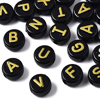 Opaque Black Acrylic Beads, Flat Round with Random Letters, Yellow, 9.5x6mm, Hole: 2mm