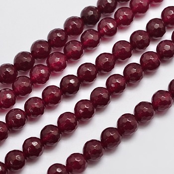 Natural Malaysia Jade Bead Strands, Imitation Ruby, Round, Dyed, Faceted, Dark Red, 8mm, Hole: 1.0mm, about 46pcs/strand, 14.5 inch