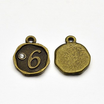 Antique Bronze Plated Alloy Rhinestone Charms, Flat Round with Num.6, Nickel Free, 13x10x1.5mm, Hole: 1mm