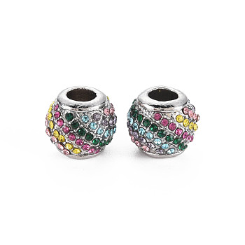 Rack Plating Alloy European Beads, with Rhinestone, Large Hole Beads, Cadmium Free & Nickel Free & Lead Free, Rondelle, Platinum, Colorful, 11x9.5mm, Hole: 4mm