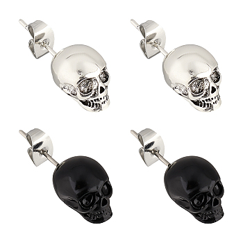 ANATTASOUL 2 Pairs 2 Colors Gothic Alloy Skull Stud Earrings for Women, Mixed Color, 7x8mm, Pin: 0.8mm, 1 Pair/color